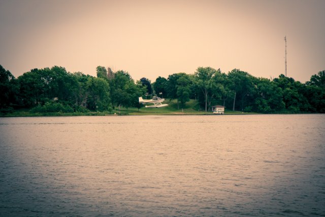 A float plane taking off from Center Lake